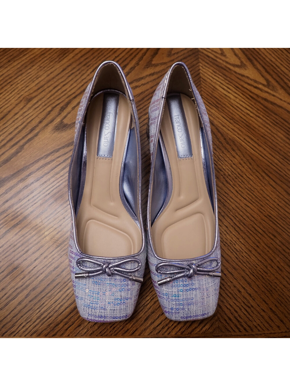 New $130 FRANCO SARTO Natalia Gray w/Sparkles Bow Low Heel Pump Shoes Size 8.5M